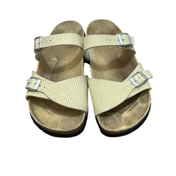 Birkenstock Birki’s Aziza Birko flor sandals yellow stripe Size W8 M6 - Picture 1 of 6